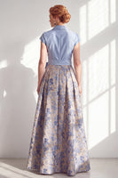 Load image into Gallery viewer, Navy Jacquard Long A Line Floral Mother of the Bride Dress with Bow