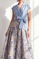 Load image into Gallery viewer, Navy Jacquard Long A Line Floral Mother of the Bride Dress with Bow