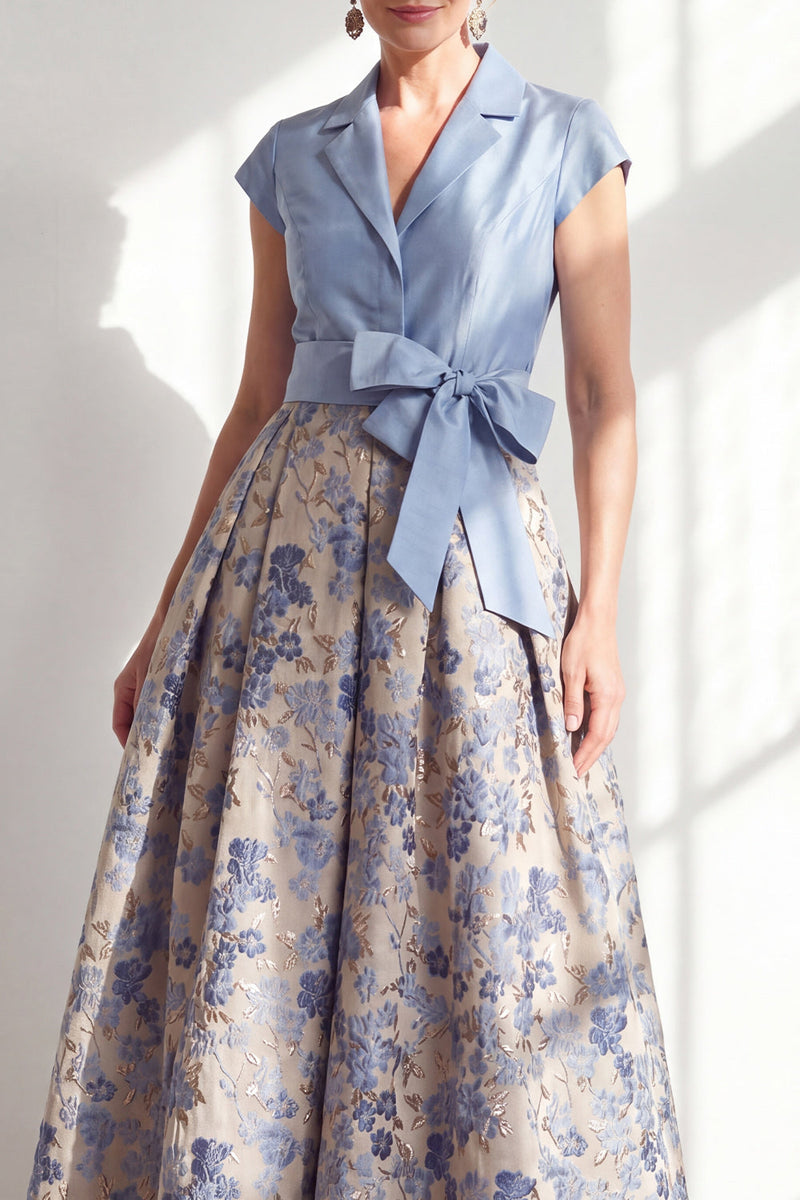 Load image into Gallery viewer, Navy Jacquard Long A Line Floral Mother of the Bride Dress with Bow