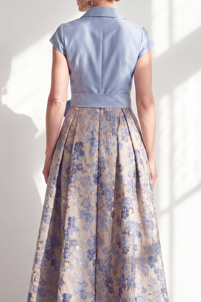 Load image into Gallery viewer, Navy Jacquard Long A Line Floral Mother of the Bride Dress with Bow