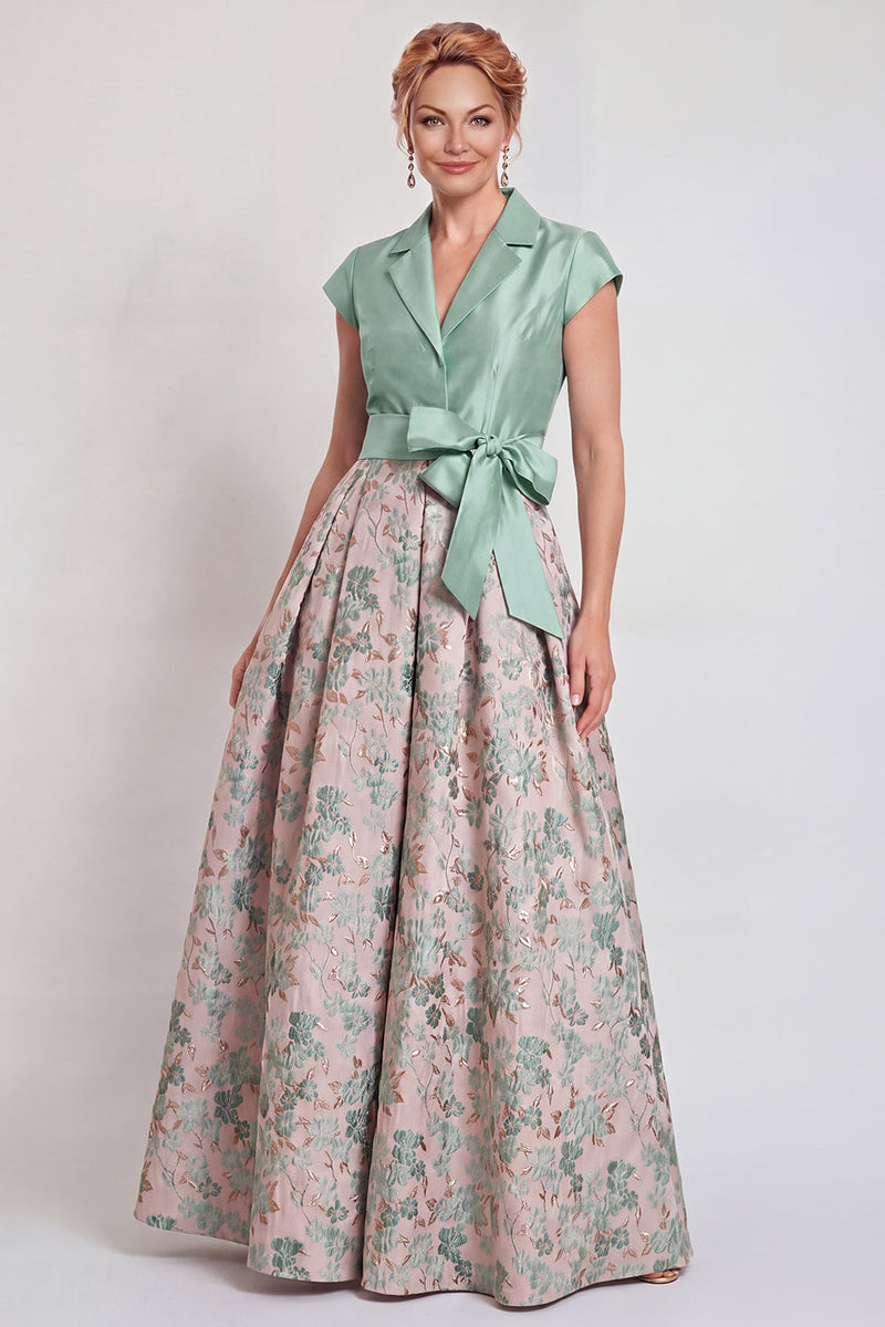 Load image into Gallery viewer, Navy Jacquard Long A Line Floral Mother of the Bride Dress with Bow
