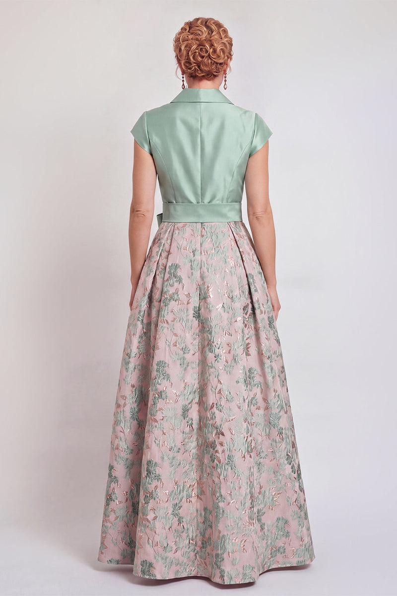 Load image into Gallery viewer, Navy Jacquard Long A Line Floral Mother of the Bride Dress with Bow