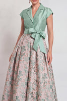 Load image into Gallery viewer, Navy Jacquard Long A Line Floral Mother of the Bride Dress with Bow