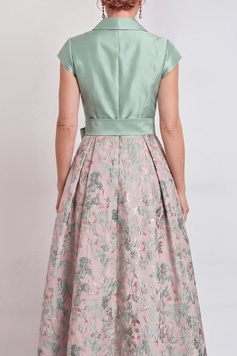 Load image into Gallery viewer, Navy Jacquard Long A Line Floral Mother of the Bride Dress with Bow