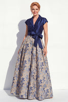 Load image into Gallery viewer, Navy Jacquard Long A Line Floral Mother of the Bride Dress with Bow