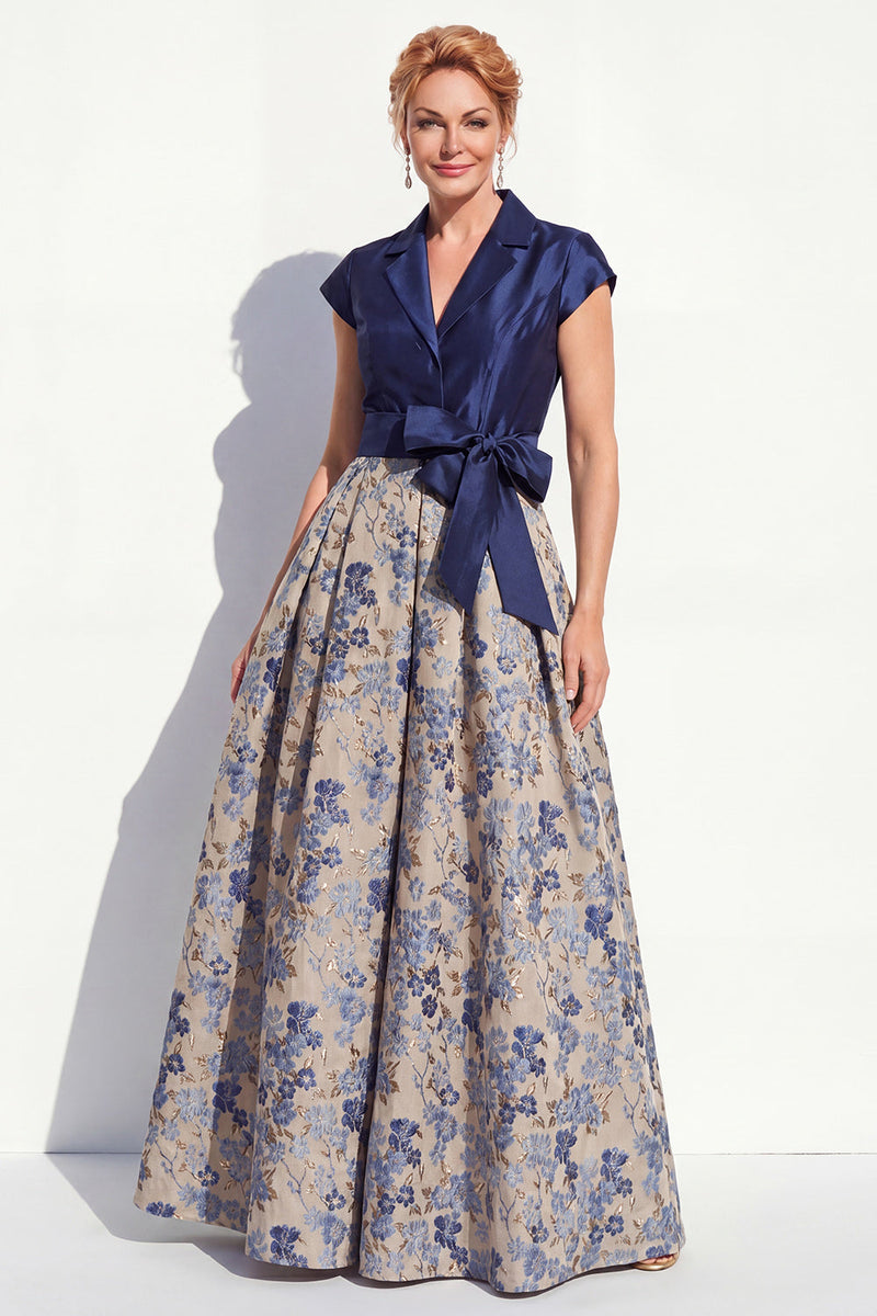 Load image into Gallery viewer, Navy Jacquard Long A Line Floral Mother of the Bride Dress with Bow