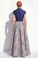 Load image into Gallery viewer, Navy Jacquard Long A Line Floral Mother of the Bride Dress with Bow