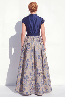 Navy Jacquard Long A Line Floral Mother of the Bride Dress with Bow