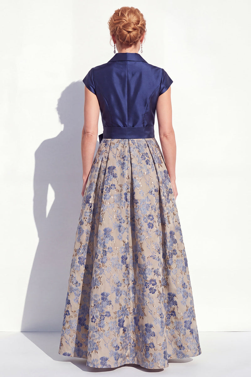 Load image into Gallery viewer, Navy Jacquard Long A Line Floral Mother of the Bride Dress with Bow