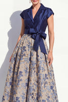 Load image into Gallery viewer, Navy Jacquard Long A Line Floral Mother of the Bride Dress with Bow