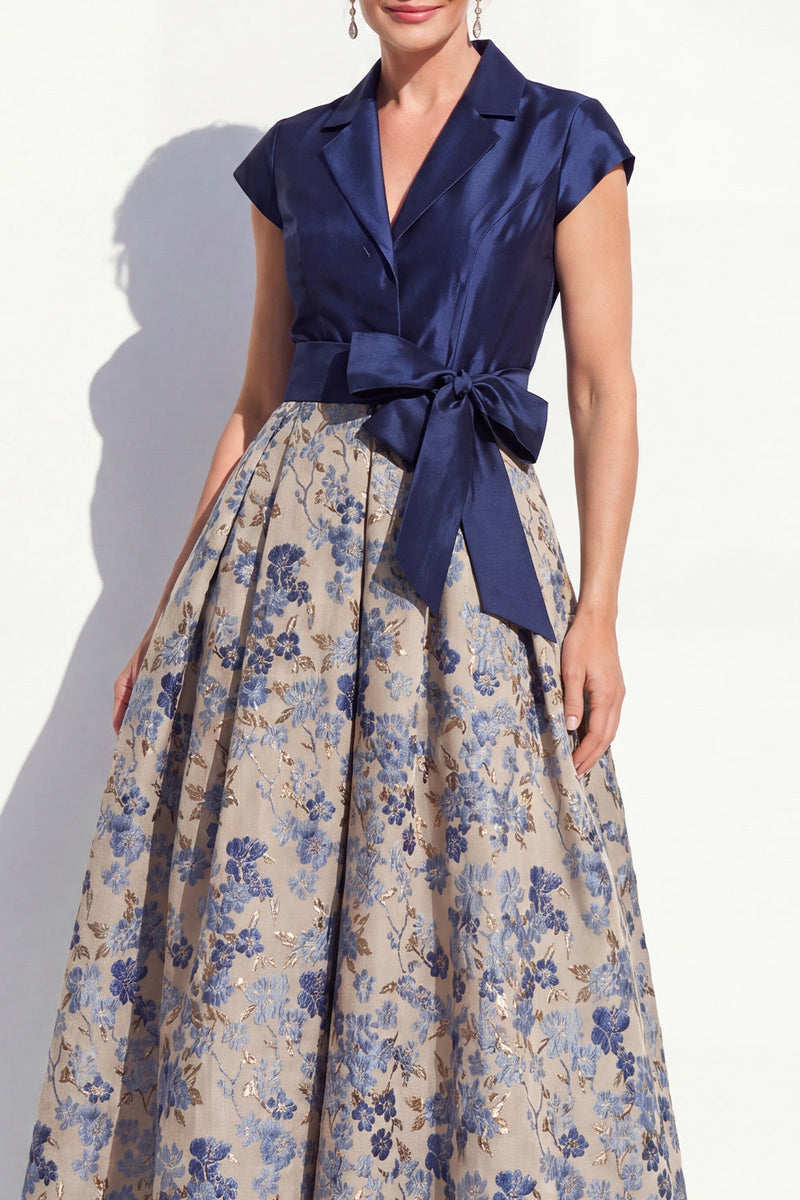 Load image into Gallery viewer, Navy Jacquard Long A Line Floral Mother of the Bride Dress with Bow