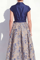 Load image into Gallery viewer, Navy Jacquard Long A Line Floral Mother of the Bride Dress with Bow