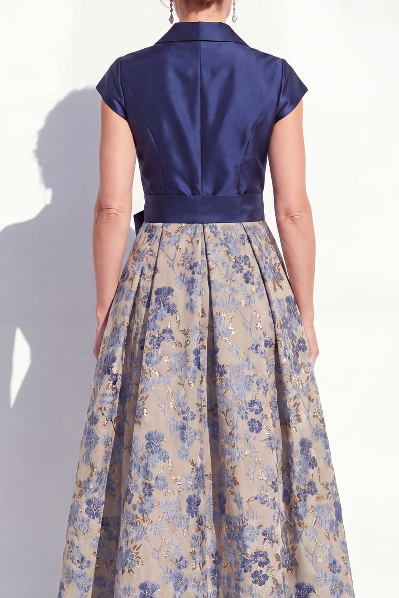 Load image into Gallery viewer, Navy Jacquard Long A Line Floral Mother of the Bride Dress with Bow