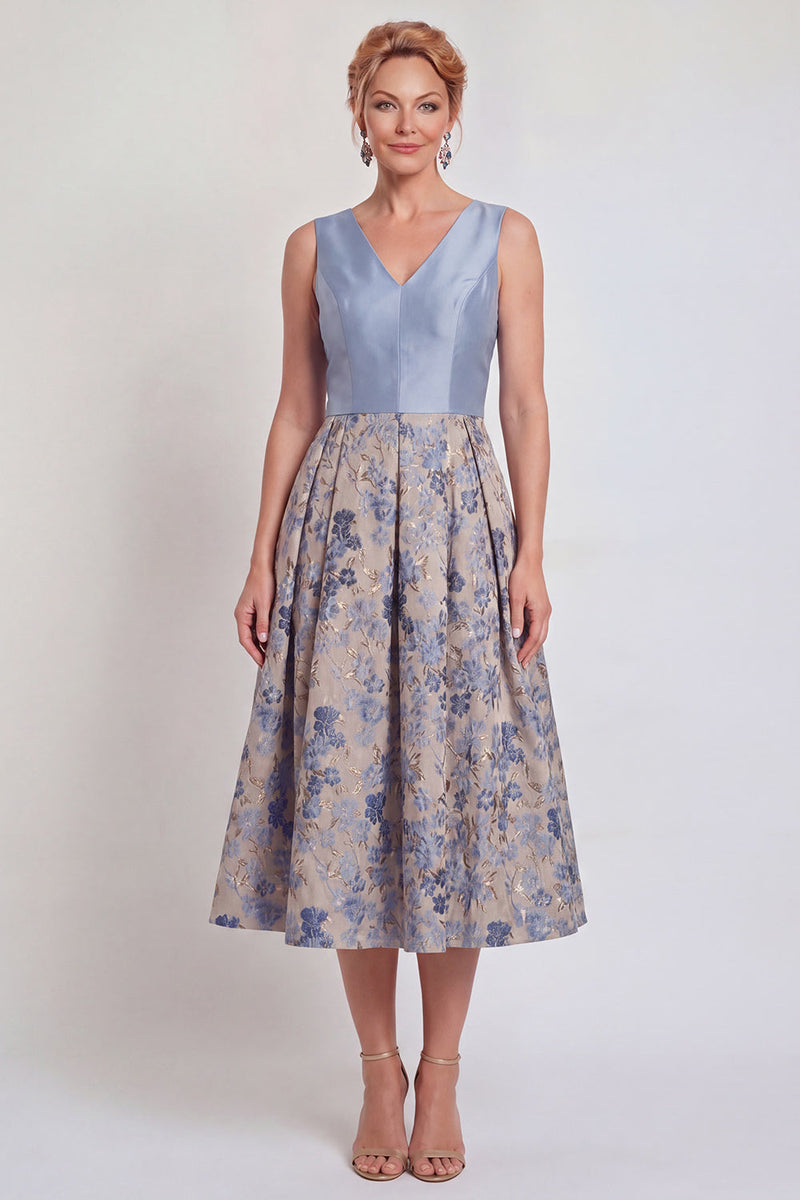Load image into Gallery viewer, V-Neck Jacquard Navy Maxi A Line Floral Mother of the Bride Dress