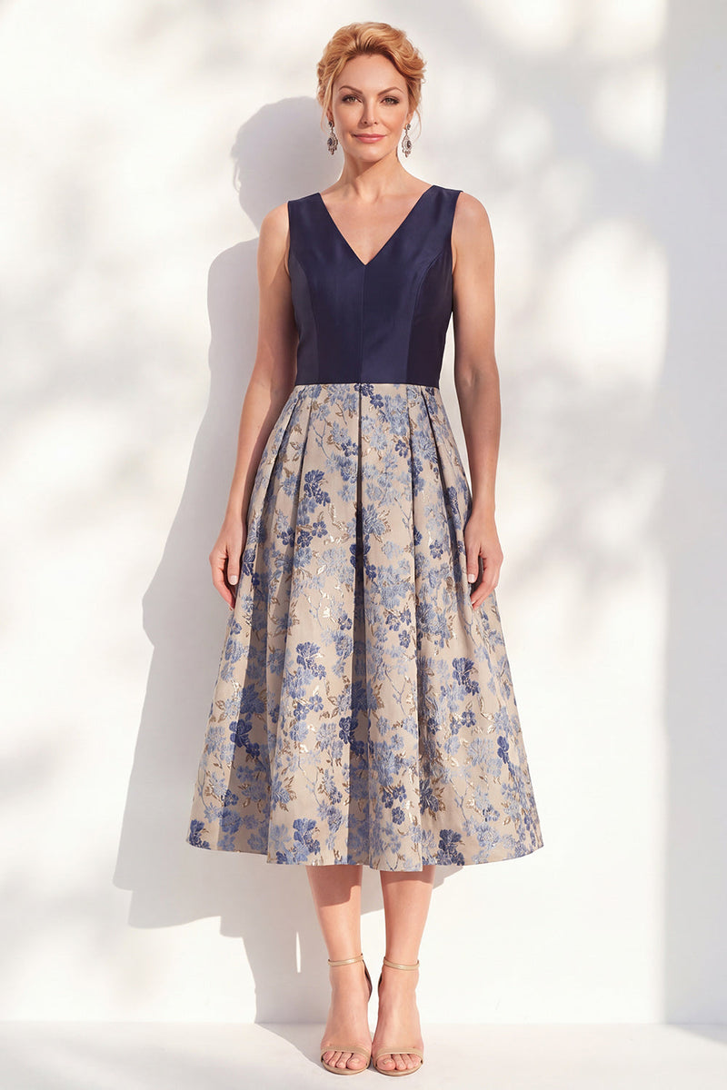 Load image into Gallery viewer, V-Neck Jacquard Navy Maxi A Line Floral Mother of the Bride Dress
