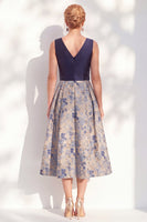 Load image into Gallery viewer, V-Neck Jacquard Navy Maxi A Line Floral Mother of the Bride Dress