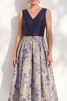 Load image into Gallery viewer, V-Neck Jacquard Navy Maxi A Line Floral Mother of the Bride Dress