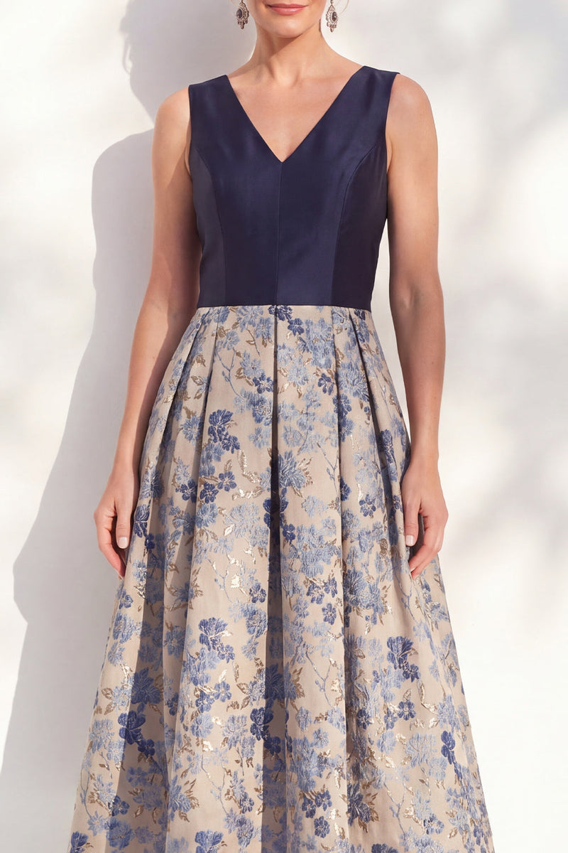 Load image into Gallery viewer, V-Neck Jacquard Navy Maxi A Line Floral Mother of the Bride Dress