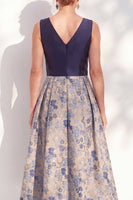 Load image into Gallery viewer, V-Neck Jacquard Navy Maxi A Line Floral Mother of the Bride Dress