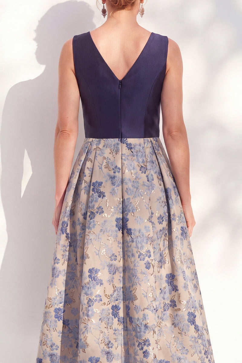 Load image into Gallery viewer, V-Neck Jacquard Navy Maxi A Line Floral Mother of the Bride Dress