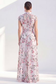 White Long Floral Cap Sleeves A Line Mother of the Bride Dress