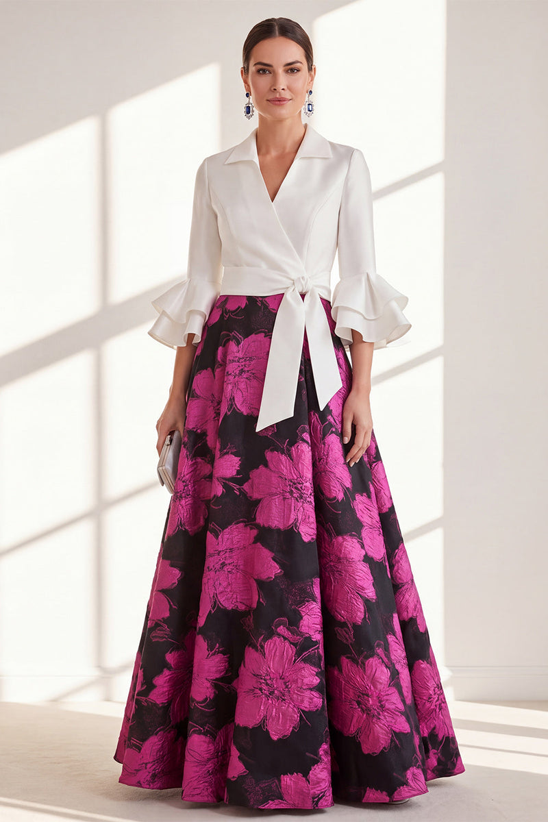 Load image into Gallery viewer, Pink Flower V-Neck A Line Long Mother of the Bride Dress with Ruffles