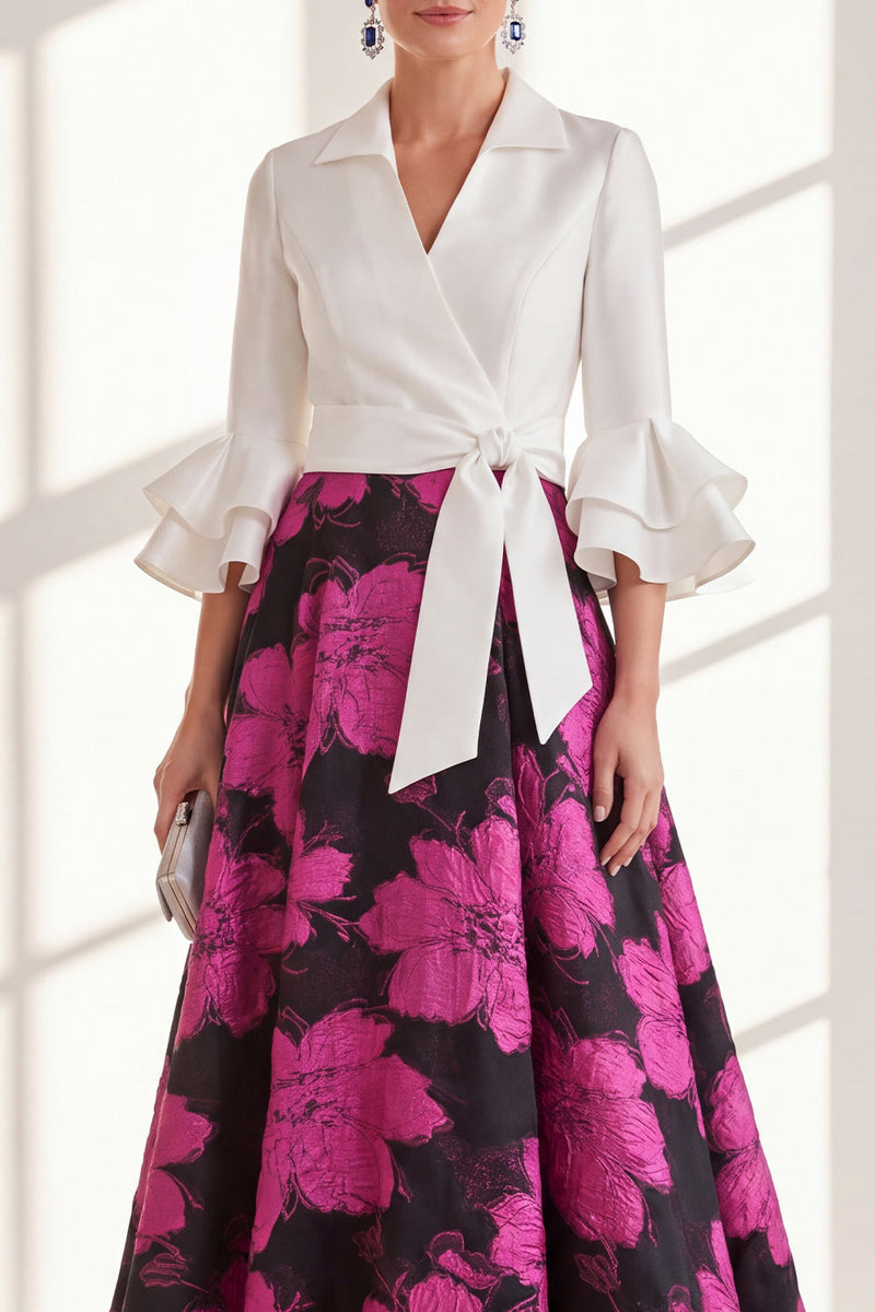 Load image into Gallery viewer, Pink Flower V-Neck A Line Long Mother of the Bride Dress with Ruffles