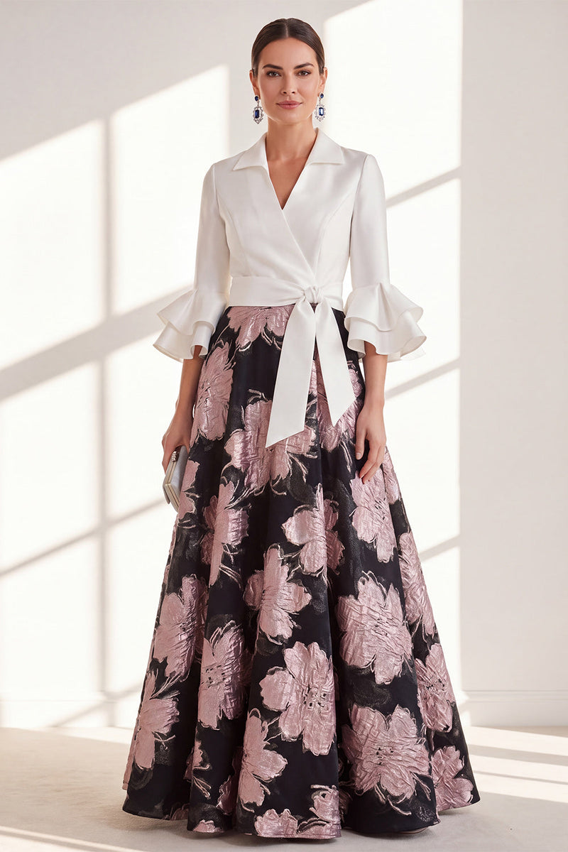 Load image into Gallery viewer, Pink Flower V-Neck A Line Long Mother of the Bride Dress with Ruffles