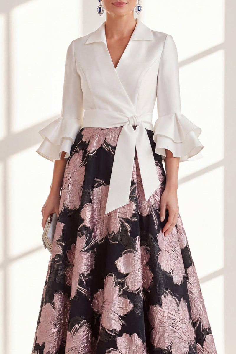 Load image into Gallery viewer, Pink Flower V-Neck A Line Long Mother of the Bride Dress with Ruffles