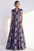 Load image into Gallery viewer, Floral Navy Long Jacquard Cap Sleeves A Line Mother of the Bride Dress
