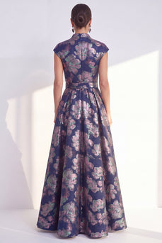 Floral Navy Long Jacquard Cap Sleeves A Line Mother of the Bride Dress