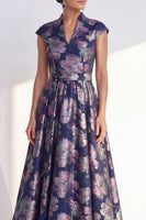 Load image into Gallery viewer, Floral Navy Long Jacquard Cap Sleeves A Line Mother of the Bride Dress