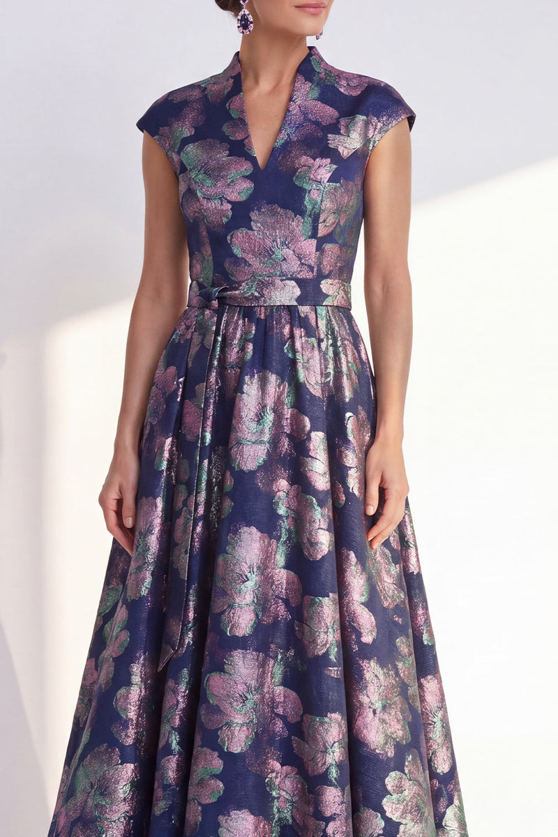 Load image into Gallery viewer, Floral Navy Long Jacquard Cap Sleeves A Line Mother of the Bride Dress