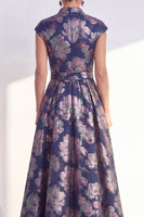Load image into Gallery viewer, Floral Navy Long Jacquard Cap Sleeves A Line Mother of the Bride Dress