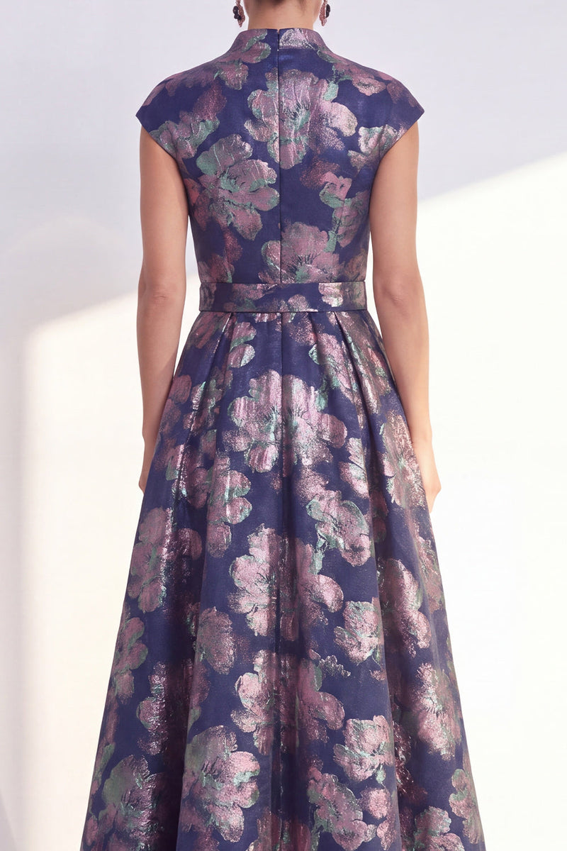 Load image into Gallery viewer, Floral Navy Long Jacquard Cap Sleeves A Line Mother of the Bride Dress