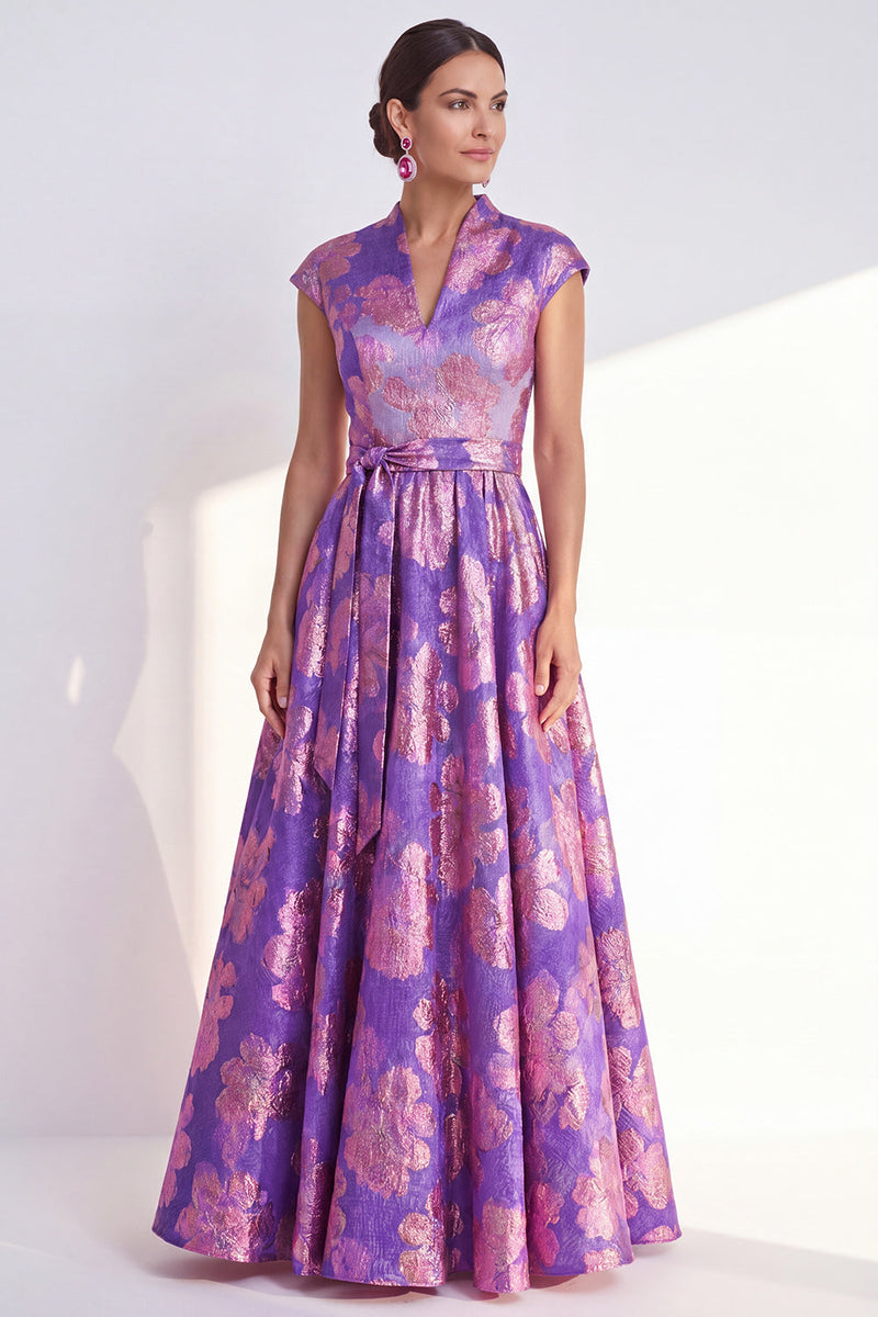 Load image into Gallery viewer, Floral Navy Long Jacquard Cap Sleeves A Line Mother of the Bride Dress