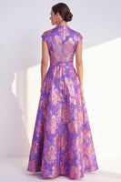 Load image into Gallery viewer, Floral Navy Long Jacquard Cap Sleeves A Line Mother of the Bride Dress