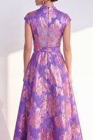 Load image into Gallery viewer, Floral Navy Long Jacquard Cap Sleeves A Line Mother of the Bride Dress