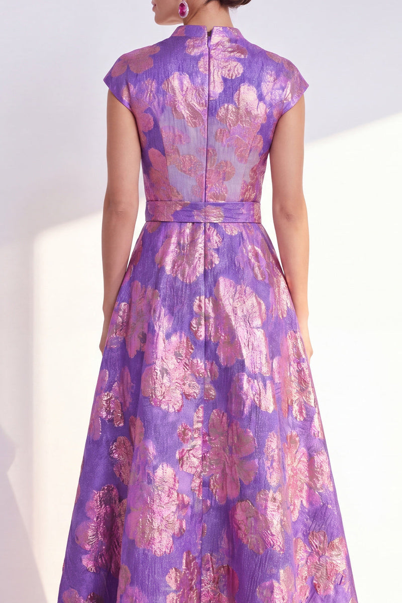 Load image into Gallery viewer, Floral Navy Long Jacquard Cap Sleeves A Line Mother of the Bride Dress