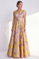 Load image into Gallery viewer, Floral Navy Long Jacquard Cap Sleeves A Line Mother of the Bride Dress