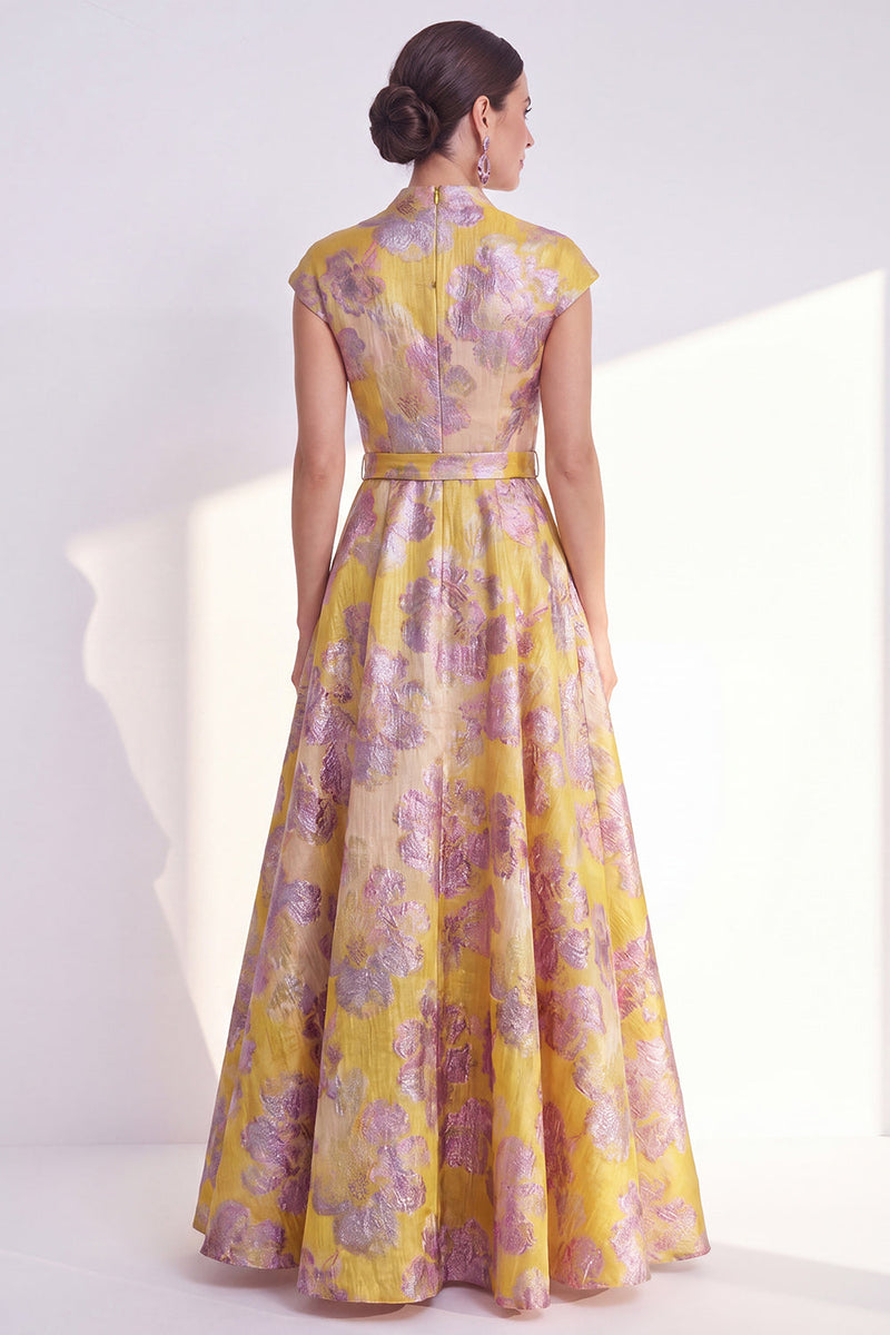 Load image into Gallery viewer, Floral Navy Long Jacquard Cap Sleeves A Line Mother of the Bride Dress