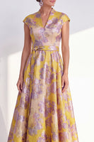 Load image into Gallery viewer, Floral Navy Long Jacquard Cap Sleeves A Line Mother of the Bride Dress