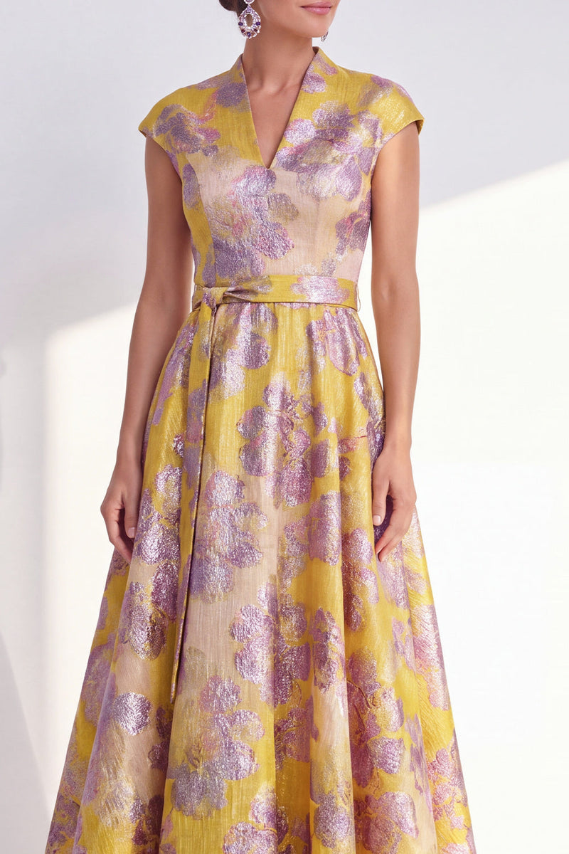 Load image into Gallery viewer, Floral Navy Long Jacquard Cap Sleeves A Line Mother of the Bride Dress