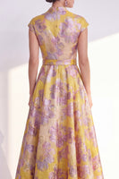 Load image into Gallery viewer, Floral Navy Long Jacquard Cap Sleeves A Line Mother of the Bride Dress
