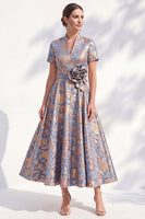 Load image into Gallery viewer, A Line Blue Pink Flower Long Mother of the Bride Dress with 3D Flower