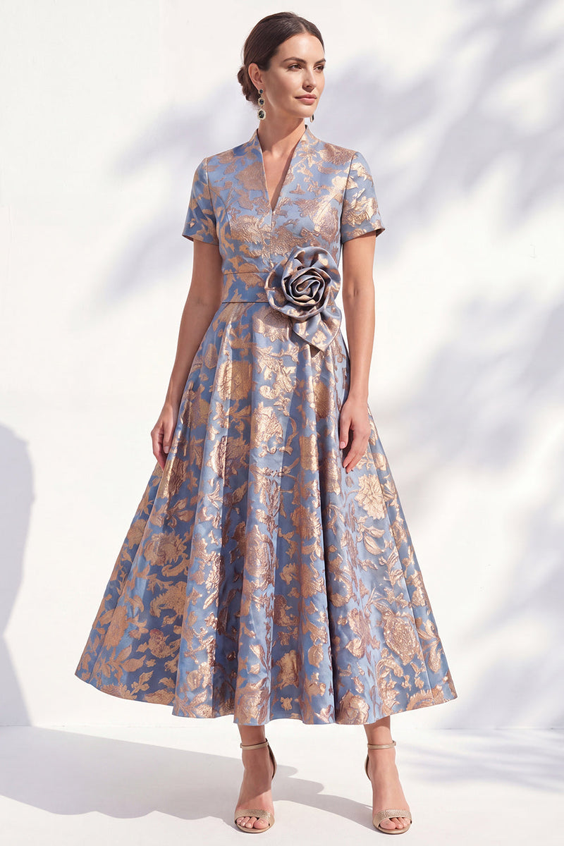 Load image into Gallery viewer, A Line Blue Pink Flower Long Mother of the Bride Dress with 3D Flower