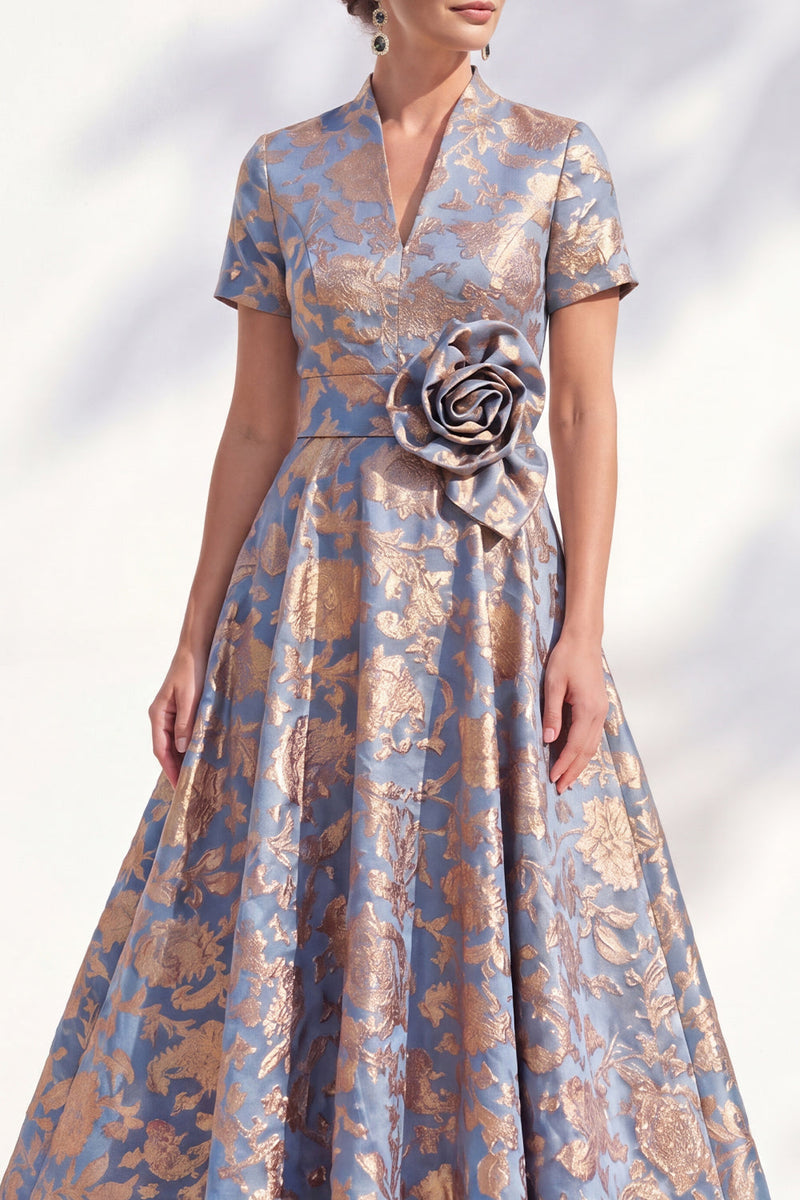 Load image into Gallery viewer, A Line Blue Pink Flower Long Mother of the Bride Dress with 3D Flower