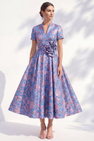 Load image into Gallery viewer, A Line Blue Pink Flower Long Mother of the Bride Dress with 3D Flower