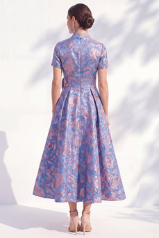 A Line Blue Pink Flower Long Mother of the Bride Dress with 3D Flower