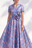 Load image into Gallery viewer, A Line Blue Pink Flower Long Mother of the Bride Dress with 3D Flower